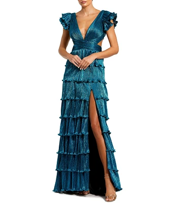 Ieena for Mac Duggal Deep V-Neck Ruffle Shoulder Cap Sleeve Side Cut-Out Tiered Thigh High Slit Gown