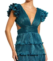 Ieena for Mac Duggal Deep V-Neck Ruffle Shoulder Cap Sleeve Side Cut-Out Tiered Thigh High Slit Gown