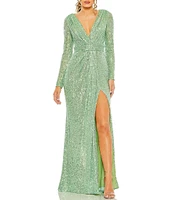 Ieena for Mac Duggal Long Sleeve Deep Surplice V-Neck Sequin Thigh High Slit Gown