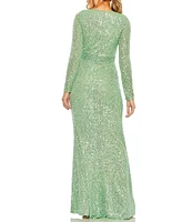 Ieena for Mac Duggal Long Sleeve Deep Surplice V-Neck Sequin Thigh High Slit Gown