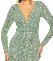 Ieena for Mac Duggal Long Sleeve Deep Surplice V-Neck Sequin Thigh High Slit Gown