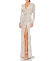 Ieena for Mac Duggal Long Sleeve Deep Surplice V-Neck Sequin Thigh High Slit Gown