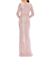 Ieena for Mac Duggal Long Sleeve Deep Surplice V-Neck Sequin Thigh High Slit Gown
