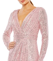 Ieena for Mac Duggal Long Sleeve Deep Surplice V-Neck Sequin Thigh High Slit Gown
