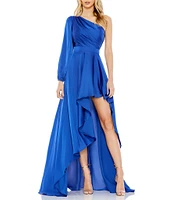 Ieena for Mac Duggal One Shoulder Asymmetrical Neckline Long Sleeve High-Low Dress