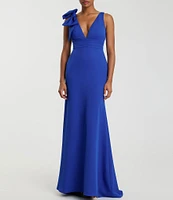 Ieena for Mac Duggal Plunging V-Neck Bow Shoulder Sleeveless Low Back Detail A-line Dress