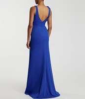 Ieena for Mac Duggal Plunging V-Neck Bow Shoulder Sleeveless Low Back Detail A-line Dress