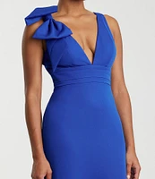 Ieena for Mac Duggal Plunging V-Neck Bow Shoulder Sleeveless Low Back Detail A-line Dress