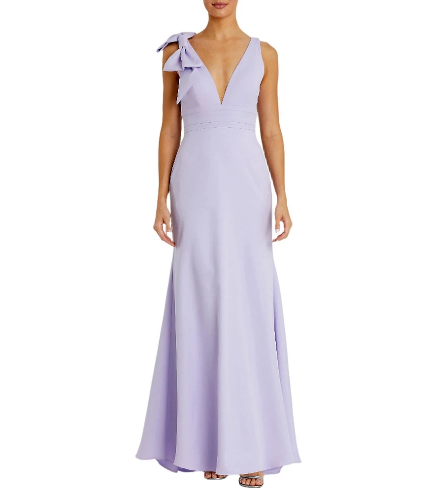 Ieena for Mac Duggal Plunging V-Neck Bow Shoulder Sleeveless Low Back Detail A-line Dress