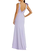 Ieena for Mac Duggal Plunging V-Neck Bow Shoulder Sleeveless Low Back Detail A-line Dress