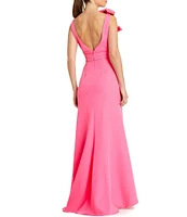 Ieena for Mac Duggal Plunging V-Neck Bow Shoulder Sleeveless Low Back Detail A-line Dress