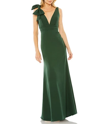 Ieena for Mac Duggal Plunging V-Neck Bow Shoulder Sleeveless Low Back Detail A-line Dress