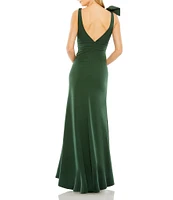 Ieena for Mac Duggal Plunging V-Neck Bow Shoulder Sleeveless Low Back Detail A-line Dress