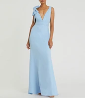 Ieena for Mac Duggal Plunging V-Neck Bow Shoulder Sleeveless Low Back Detail A-line Dress