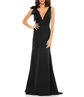 Ieena for Mac Duggal Plunging V-Neck Bow Shoulder Sleeveless Low Back Detail A-line Dress