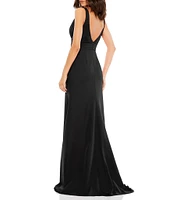 Ieena for Mac Duggal Plunging V-Neck Bow Shoulder Sleeveless Low Back Detail A-line Dress