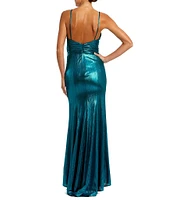 Ieena for Mac Duggal Plunging Surplice V-Neck Sleeveless Open Back Detail Sheath Gown