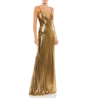 Ieena for Mac Duggal Plunging Surplice V-Neck Sleeveless Open Back Detail Sheath Gown