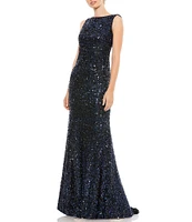 Ieena for Mac Duggal Sequin Drape Back Detail Boat Neck Sleeveless Sheath Gown