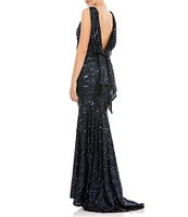 Ieena for Mac Duggal Sequin Drape Back Detail Boat Neck Sleeveless Sheath Gown