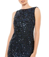 Ieena for Mac Duggal Sequin Drape Back Detail Boat Neck Sleeveless Sheath Gown