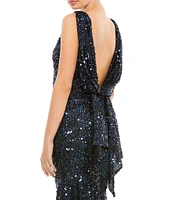 Ieena for Mac Duggal Sequin Drape Back Detail Boat Neck Sleeveless Sheath Gown