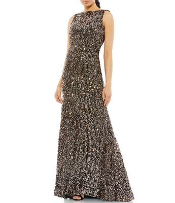 Ieena for Mac Duggal Sequin Drape Back Detail Boat Neck Sleeveless Sheath Gown