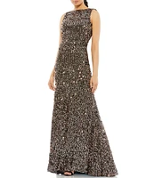 Ieena for Mac Duggal Sequin Drape Back Detail Boat Neck Sleeveless Sheath Gown