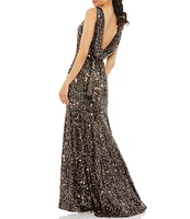 Ieena for Mac Duggal Sequin Drape Back Detail Boat Neck Sleeveless Sheath Gown