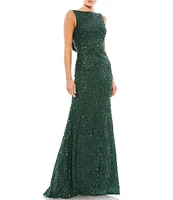 Ieena for Mac Duggal Sequin Drape Back Detail Boat Neck Sleeveless Sheath Gown