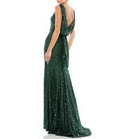 Ieena for Mac Duggal Sequin Drape Back Detail Boat Neck Sleeveless Sheath Gown