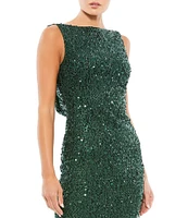 Ieena for Mac Duggal Sequin Drape Back Detail Boat Neck Sleeveless Sheath Gown