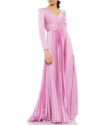 Mac Duggal Surplice V-Neck 3/4 Sleeve Pleated A-Line Gown