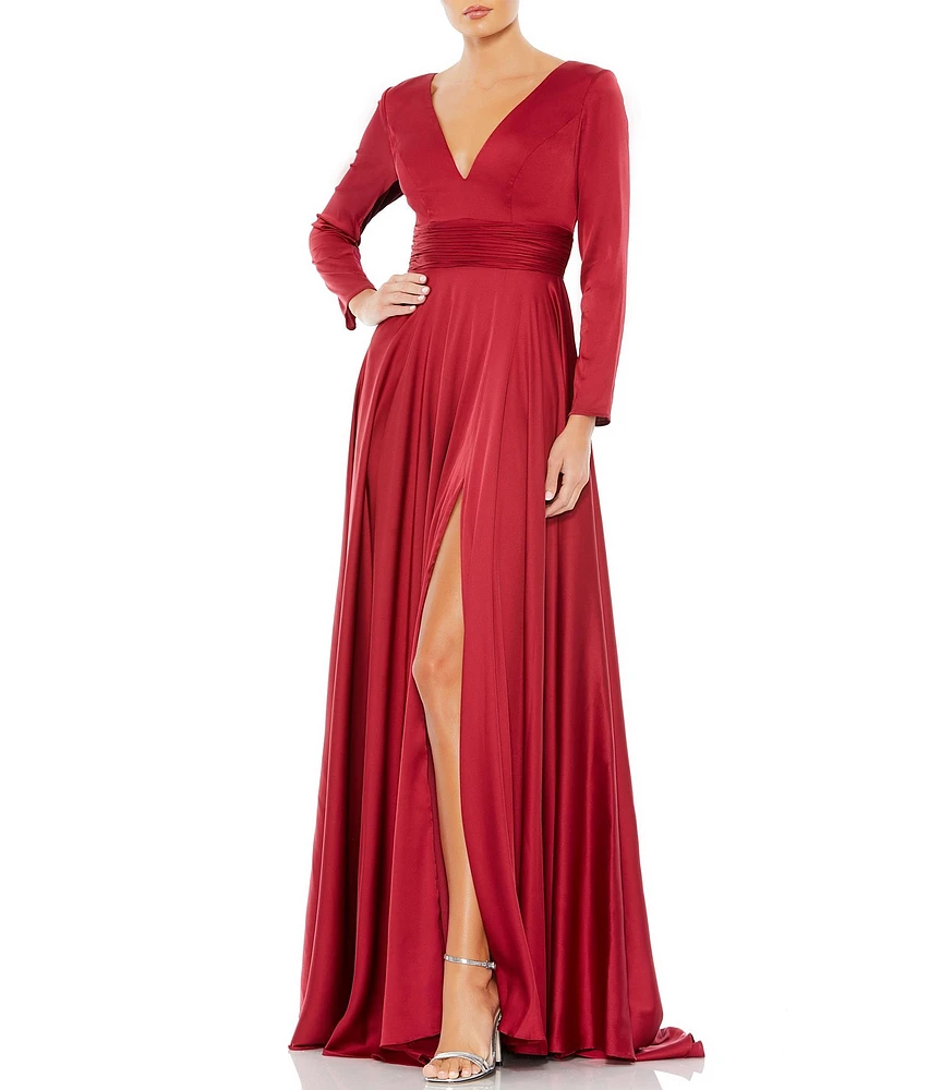 Ieena for Mac Duggal Deep V-Neck 3/4 Sleeve Satin A-Line Thigh High Slit Gown