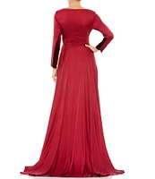 Ieena for Mac Duggal Deep V-Neck 3/4 Sleeve Satin A-Line Thigh High Slit Gown