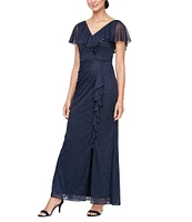 Ignite Evening V-Neck Flutter Sleeve Capelet Bugle Bead Trim Gown