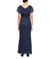 Ignite Evening V-Neck Flutter Sleeve Capelet Bugle Bead Trim Gown