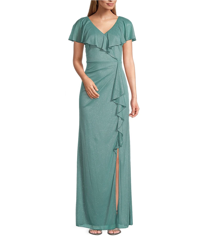 Ignite Evening V-Neck Flutter Sleeve Capelet Bugle Bead Trim Gown