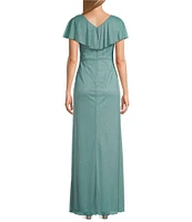 Ignite Evening V-Neck Flutter Sleeve Capelet Bugle Bead Trim Gown
