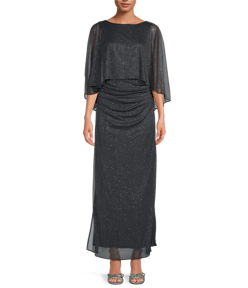 Ignite Evenings 3/4 Capelet Sleeve Round Neck Glitter Mesh Column Dress