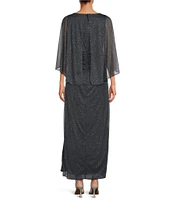 Ignite Evenings 3/4 Capelet Sleeve Round Neck Glitter Mesh Column Dress