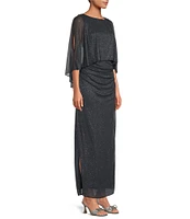 Ignite Evenings 3/4 Capelet Sleeve Round Neck Glitter Mesh Column Dress