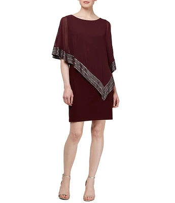 Ignite Evenings 3/4 Sleeve Foil Trim Chiffon Asymmetrical Overlay Dress