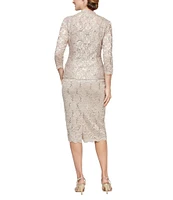 Ignite Evenings 3/4 Sleeve Square Neck Sequin Lace 2-Piece Jacket Dress