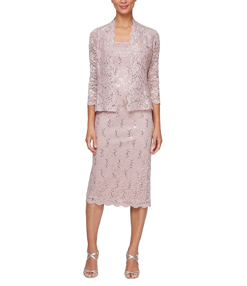 Ignite Evenings 3/4 Sleeve Square Neck Sequin Lace 2-Piece Jacket Dress