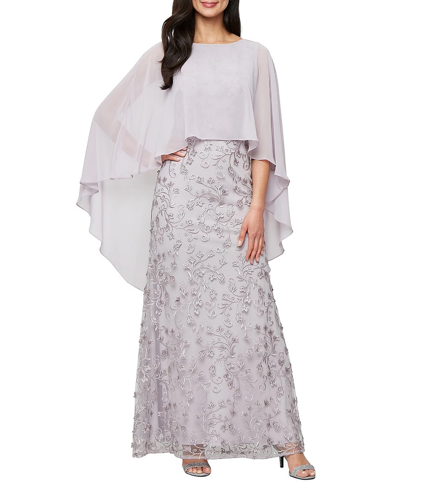 Ignite Evenings 3D Embroidered Boat Neck Chiffon 3/4 Overlay Sleeves Gown