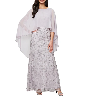Ignite Evenings 3D Embroidered Boat Neck Chiffon 3/4 Overlay Sleeves Gown