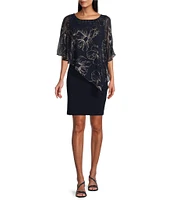 Ignite Evenings Asymmetric Chiffon Floral Print Overlay 3/4 Split Sleeve Sheath Dress