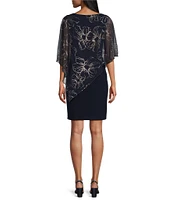 Ignite Evenings Asymmetric Chiffon Floral Print Overlay 3/4 Split Sleeve Sheath Dress