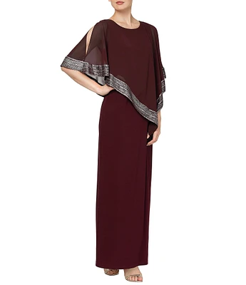 Ignite Evenings Asymmetrical 3/4 Capelet Cold Shoulder Sleeve Round Neck Metallic Trim Popover Dress